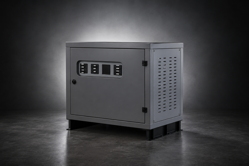 Grey steel cabinet with control panel and ventilation grille
