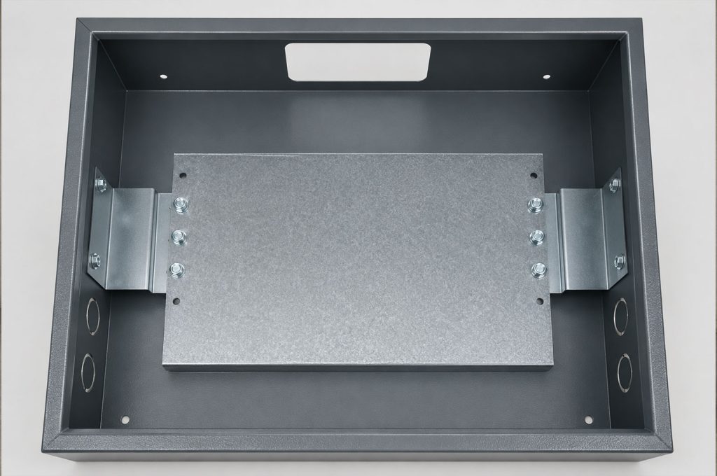 Sheet steel enclosure with internal mounting plate