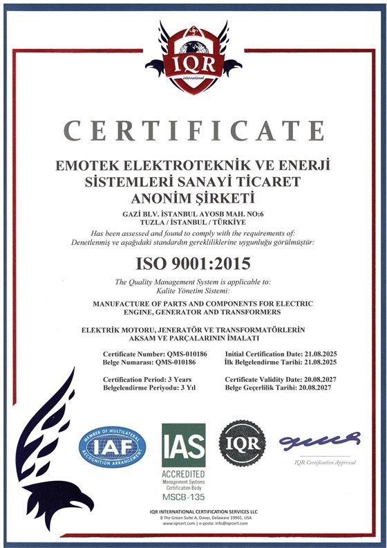 ISO 9001:2015 - Kalite Yönetim Sistemi | Emotek Elektroteknik ve Enerji Sistemleri San. Tic. A.Ş.